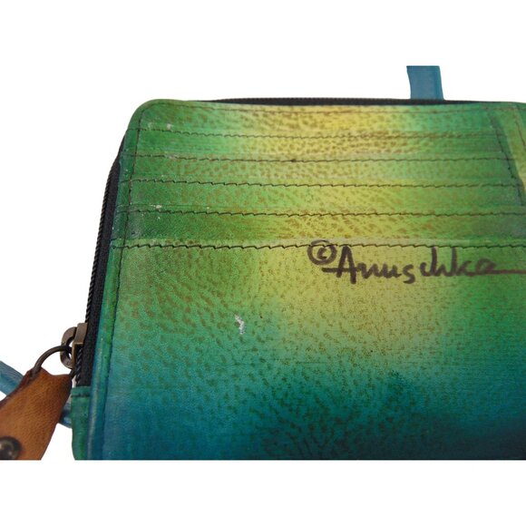 Anuschka Leather Crossbody Purse Wallet Teal Blue Feather Peacock Hand Painted - Picture 11 of 16